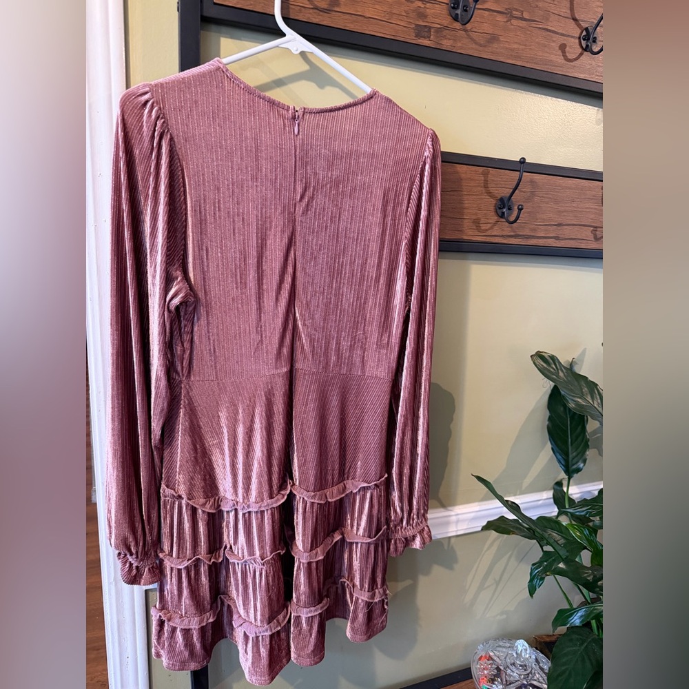 Ruffled Long Sleeve V-Neck Mini Dress in Dusty Rose - Picture 2 of 6